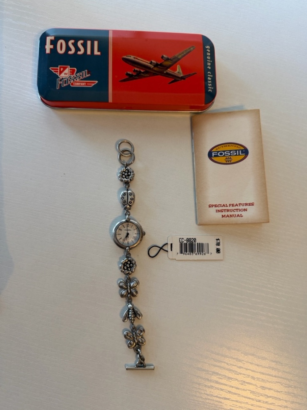 Fossil Silver Flower 🌺  Bee 🐝  Ladybug 🐞 & Butterfly 🦋 Charm Bracelet StyleWatch